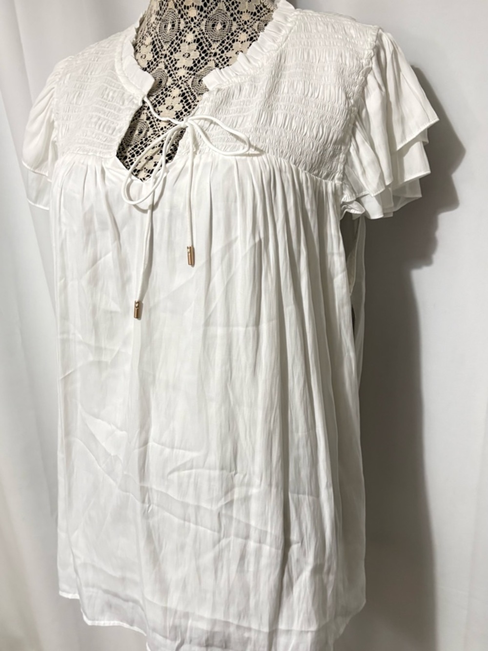 Skies Are Blue White Smocked Flutter-Sleeve Tie-Neck Blouse Plus Size 1X